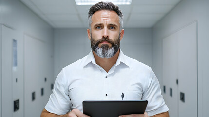 Serious man holding tablet in data center corridor