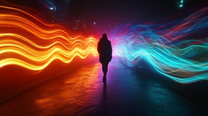 Fototapeta premium A dark environment where every step a person takes creates glowing light trails, illuminating the surroundings with each movement 