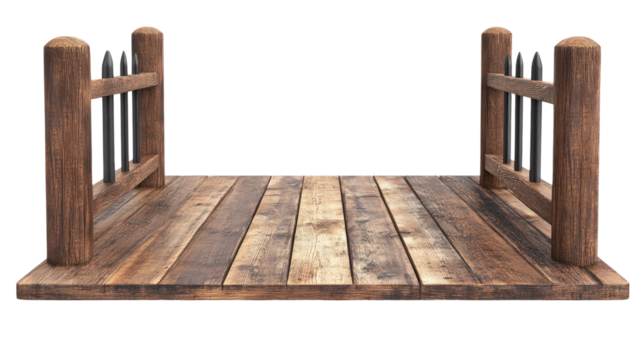 Wooden platform featuring vertical posts and railings for support, isolated on a transparent background, png, alpha