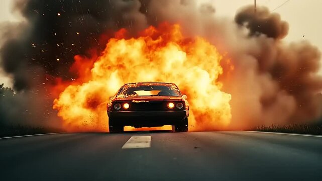 Dramatic Car Explosion on a Highway with Flames and Debris