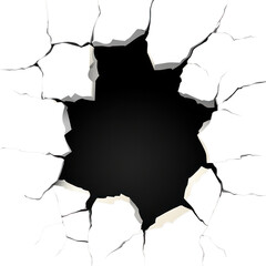 A large crack with a hole showing a dark background through broken walls, isolated on a transparent background, png, alpha