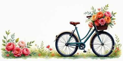 Vibrant watercolor floral bouquet adorns vintage bicycle basket, vibrant, travel