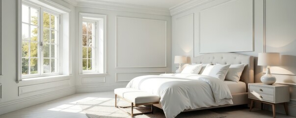 Calming white master bedroom, featuring crown molding and a large window , interior design, bedroom style