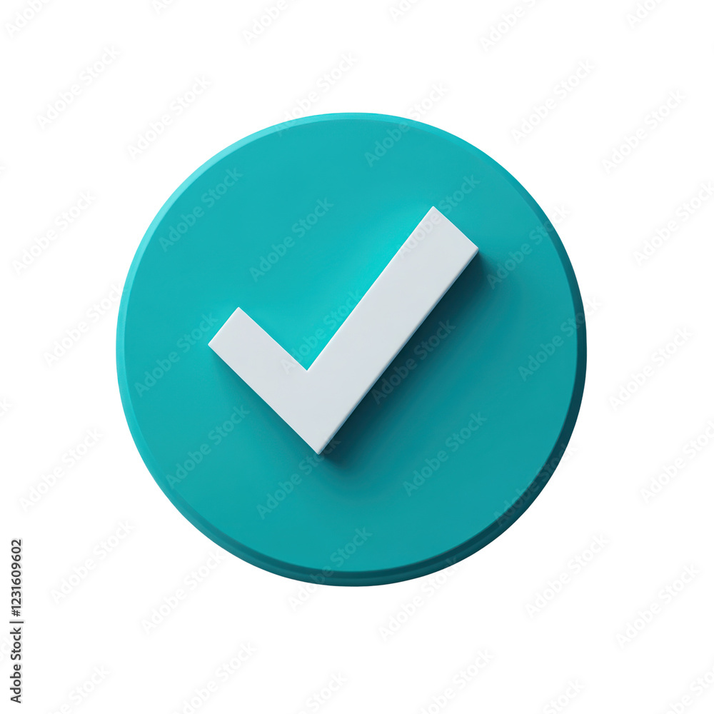 Poster turquoise circle with a bold white check mark symbolizes positivity, isolated on a transparent backg