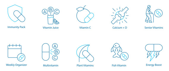 Immunity and Daily Nutrition Vector Icon Set – Immunity Pack, Weekly Organizer, Vitamin Juice, Multivitamin, Vitamin C, Plant-Based Supplements, Calcium plus D, Fish Vitamin, Senior Nutrition 