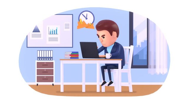 Businessman working on laptop in a hurry, deadline, overwork, bad time management concept, 3d animation video