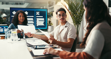 Documents, meeting and strategy with business people in office together for planning or project...