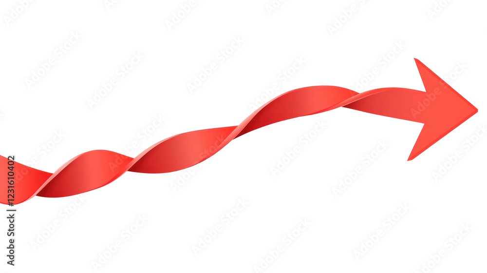 Poster dynamic red ribbon curves and points right to signify direction, isolated on a transparent backgroun