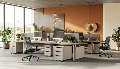 Brightly lit open-plan office with modern workstations, neutral tones, and decorative plants