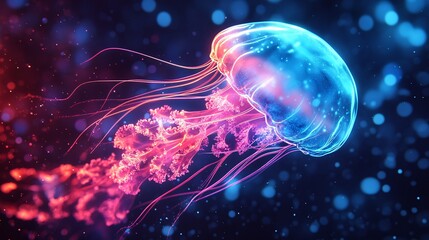 Obraz premium A vector illustration of a neon-glowing jellyfish skin texture with pulsating electric blue and pink hues.