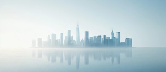 Obraz premium Futuristic city skyline in soft blue tones with sleek architecture and mirror-like water reflection against a clear sky, evoking serenity and innovation.