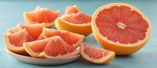 Freshly cut grapefruit segments and a half on a pastel blue table create a vibrant, colorful display with soft pink and yellow hues