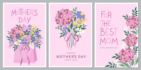 Happy Mother's Day card set, Spring summer floral design. For the best mom inscription. Vector illustration for banner, poster, label, template or cover with flowers frame. 