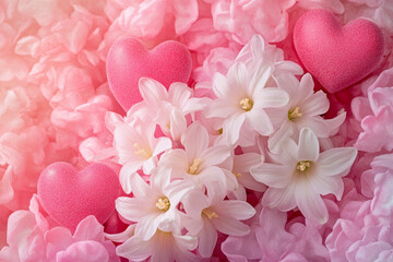 Obraz premium Elegant arrangement of blue and white hyacinths with pink hearts in a dreamy pastel setting, perfect for romantic spring themes and seasonal celebrations.