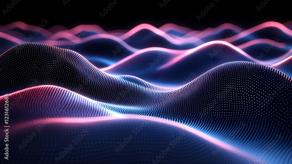 Poster cyberpunk-inspired abstract digital background with glowing blue grid lines and flowing data in virt