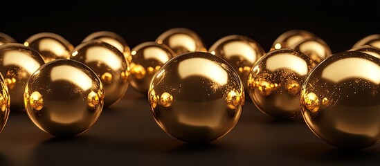 Golden decorative balls shining against a black background arranged in an appealing symmetry creating a festive and joyful holiday atmosphere