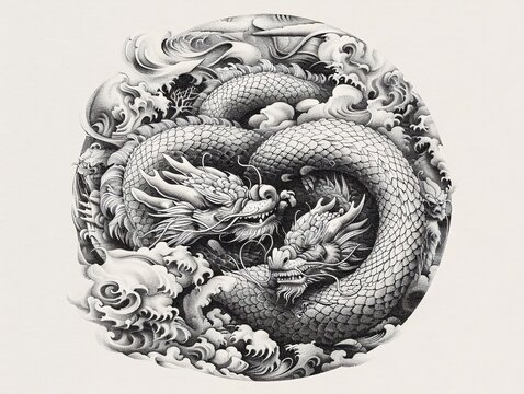 Two dragons entwined, Asian art, circular design, clouds background, tattoo inspiration