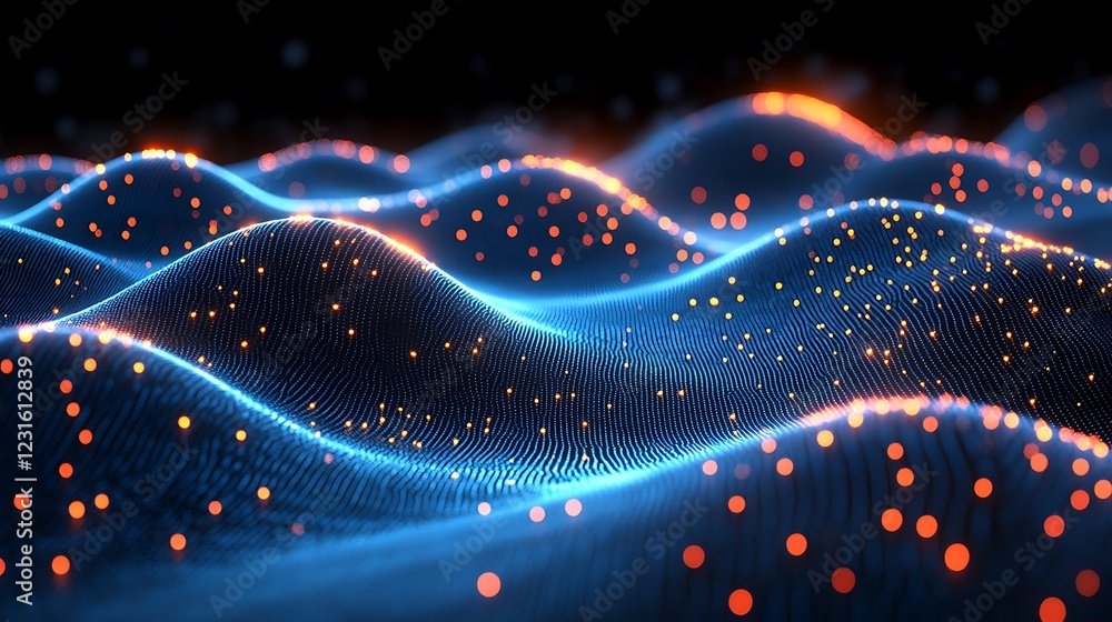 Poster cyberpunk virtual space with glowing blue grid lines and data flowing through a digital background