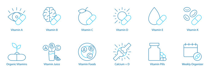 Essential Vitamins and Nutrition Vector Icon Set – Vitamin A, B, C, D, E, K, Organic Supplements, Vitamin Juice and Foods, Calcium plus D, Pills, Weekly Organizer