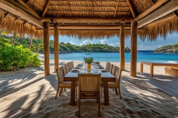 Beachfront dining, tropical island, ocean view, luxury table setting, vacation paradise