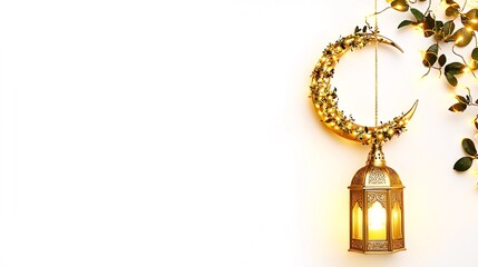 Festive Ramadan crescent moon, lantern, lights.  Holiday greeting card design. Generative ai