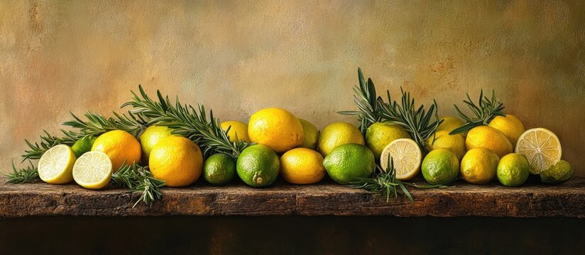 Vibrant arrangement of fresh lemons and limes with green rosemary on a rustic wooden surface featuring warm earthy colors and ample copy space