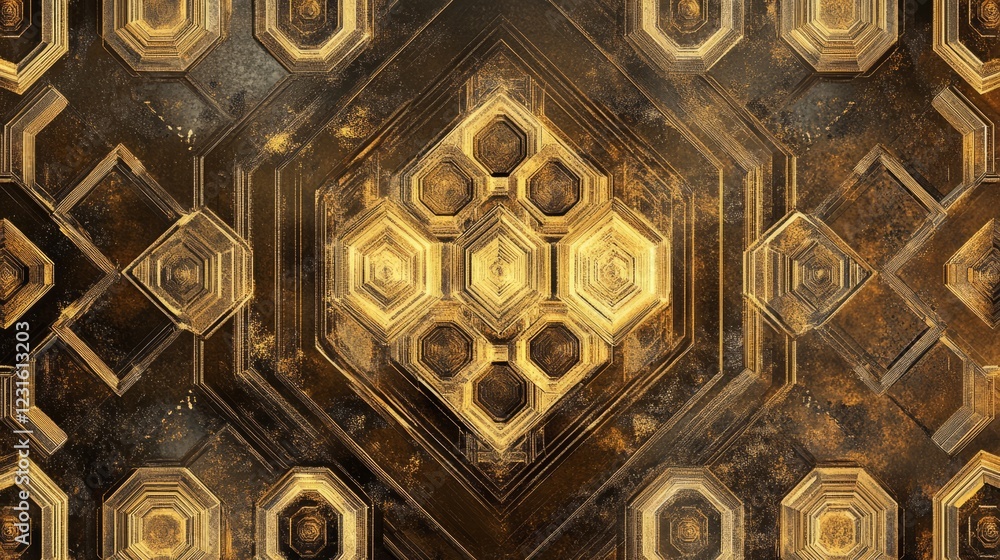 Poster intricate abstract pattern featuring gold and black hexagonal shapes, perfect for backgrounds or des