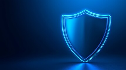 Fototapeta premium Blue neon shield, protection and security on a dark digital background blue