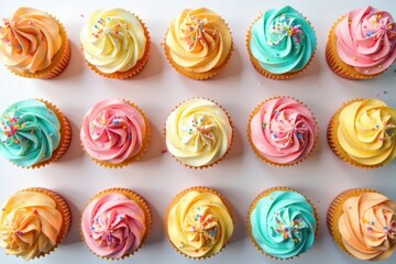 Assorted colorful cupcakes, pristine white backdrop, instafood, food