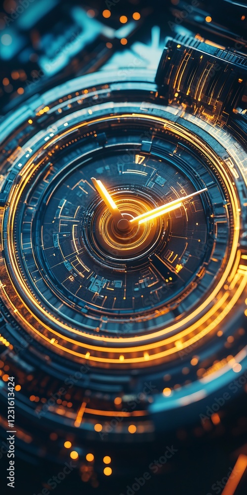 Poster close-up of a digital clock interface with glowing orange and blue circuitry, showcasing a futuristi