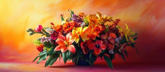 Vibrant flower bouquet with orange and pink blooms arranged in a blue vase against a warm gradient background showcasing floral elegance and charm
