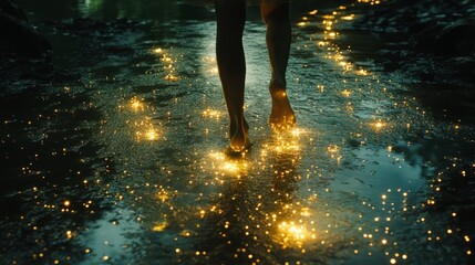 A person walking across a dark surface, and each step leaves a glowing imprint, illuminating the ground like fireflies