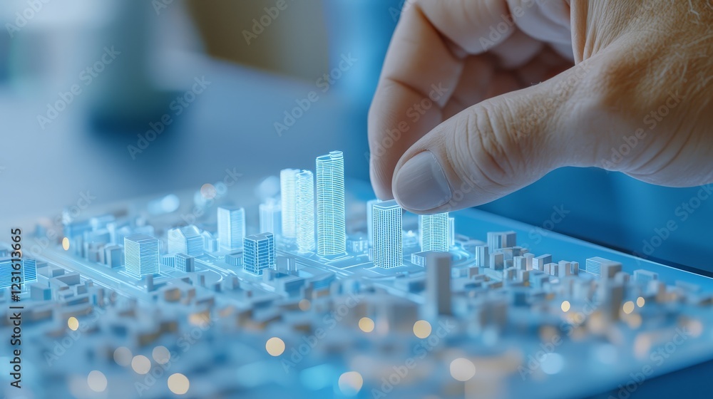 Poster technologist's hand interacts with virtual city skyline displayed on computer for urban planning and