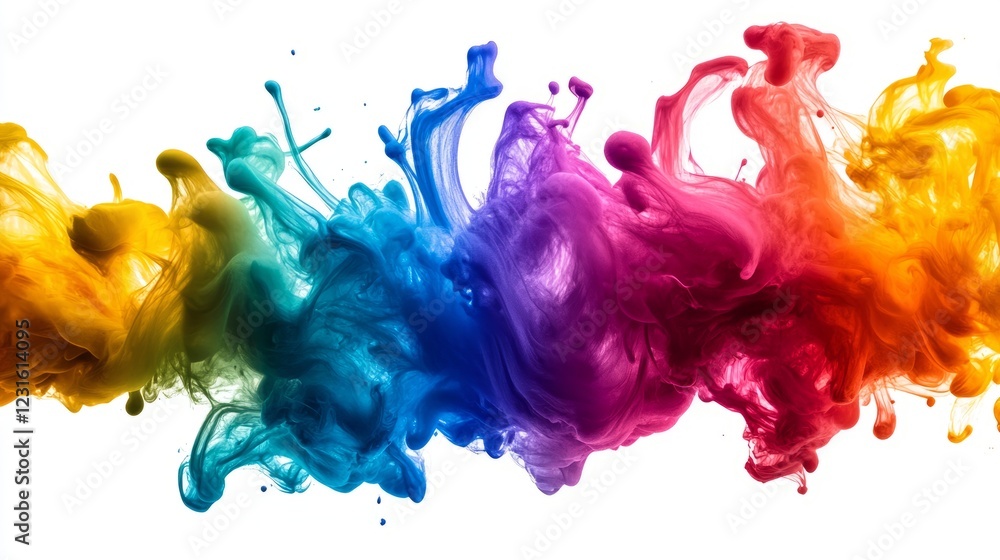 Poster a stunning display of colorful ink swirling in water, forming dynamic abstract patterns with vibrant