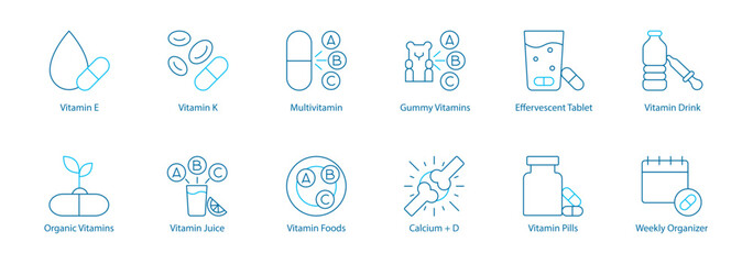 Multivitamins and Supplement Forms Vector Icon Set – Vitamin E, K, Multivitamin, Gummy and Effervescent Tablets, Vitamin Drink, Organic Nutrition, Vitamin Juice and Foods, Calcium plus D, Pills 