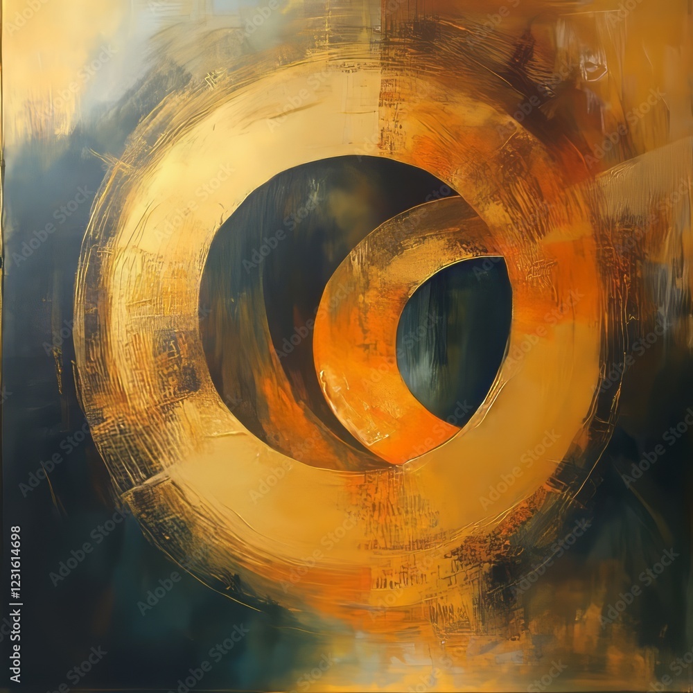 Poster a captivating abstract artwork featuring golden circular patterns with textured brushstrokes, creati