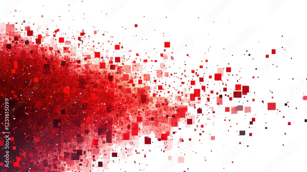 Poster red pixelated squares forming a dynamic and abstract design on transparent background