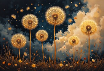 Surreal scene where delicate dandelions float in a dreamlike sky