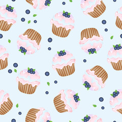 Seamless pattern for kitchen decor and more. Delicious cupcake with whipped cream and blueberry. Vector cartoon illustration of sweet food.