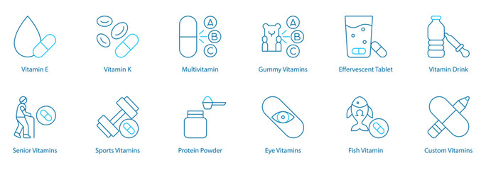Advanced Supplements and Customization Vector Icon Set – Vitamin E, K, Multivitamin, Gummy and Effervescent Tablets, Vitamin Drink, Senior and Sports Nutrition, Protein Powder, Eye and Fish Vitamins 