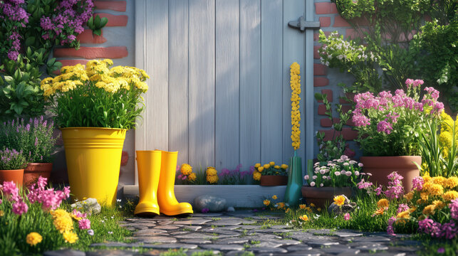 Yellow Rubber boots and gardening tools with spring flowers on wooden terrace. 