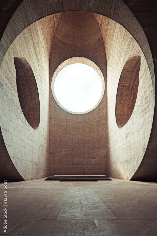 Poster captivating minimalist interior featuring a large circular window in a modern concrete structure, sh