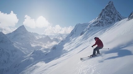 Skier Skiing Downhill in the High Mountains in 16K Resolution