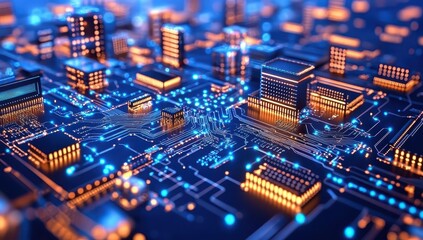 Smart city digital network, circuit board, data flow, glowing, futuristic, technology, illustration, website