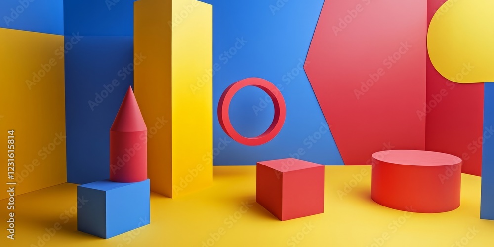 Poster vibrant abstract art installation featuring geometric shapes in primary colors, creating a dynamic a