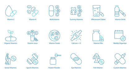 Fototapeta premium Comprehensive Wellness and Nutrition Vector Icon Set – Vitamin E, K, Multivitamin, Gummy and Effervescent Supplements, Vitamin Drink, Organic Nutrition, Vitamin Juice and Foods, Calcium plus D, Pills 