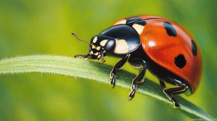 Fototapeta premium Close-up of ladybug on green leaf.