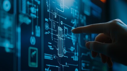 Person pointing at computer screen, exploring digital interaction and information access in modern world