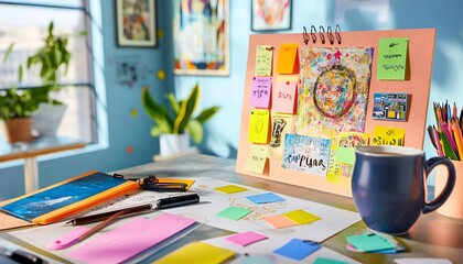 Creative workspace with a vision board, colorful sticky notes, and a coffee cup on the desk