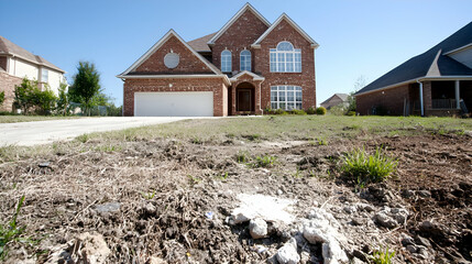 Suburban home landscaping, new construction, yard, grass, driveway